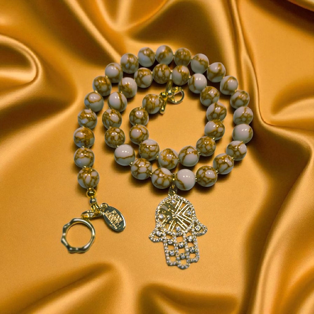 Gold, Tan and Cream Beaded Necklace with Hamsa Charm - Picture 6 of 6